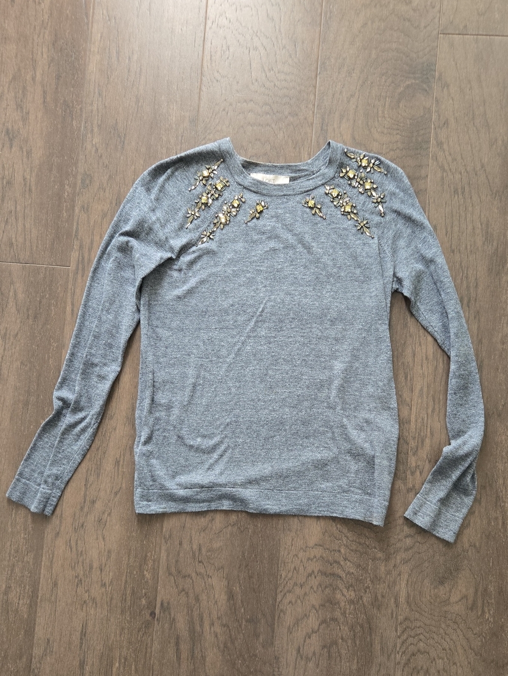LOFT Gray Embellished Crewneck Sweater with Gold And Gunmetal Accents